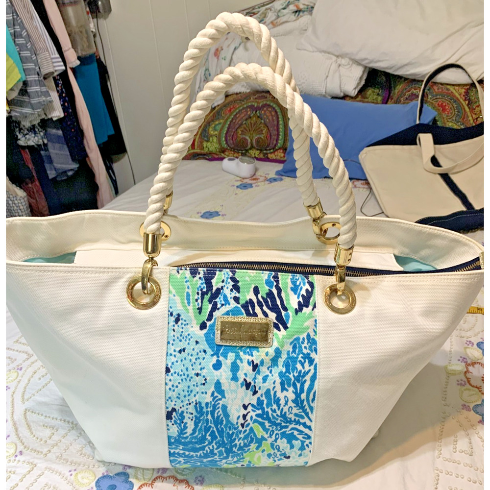 Lily Pulitzer Island Tote Bag Spa Blue "Let's Cha Cha Cha" Rope Handles 15 x 18 - Picture 2 of 11